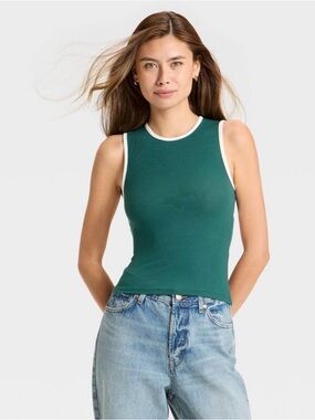 wild fable Teal Ribbed Tank with White Trim Accent